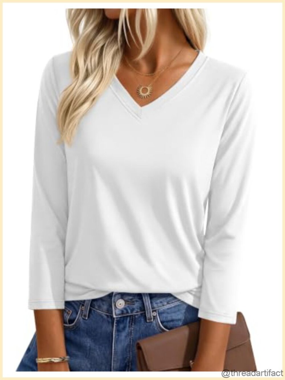 3/4 Sleeve V Neck Cotton Blend T Shirt Loose Fit Casual Top